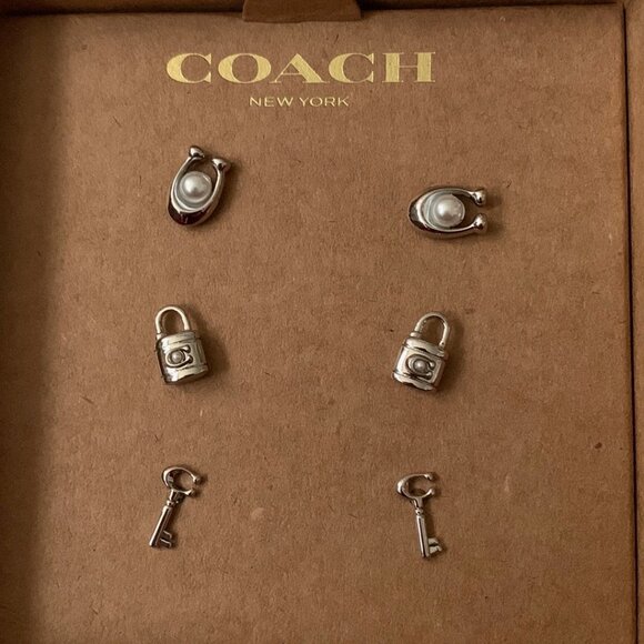 COACH Signature Lock & Key Stud Earrings SET (3) PAIRS - Picture 2 of 2